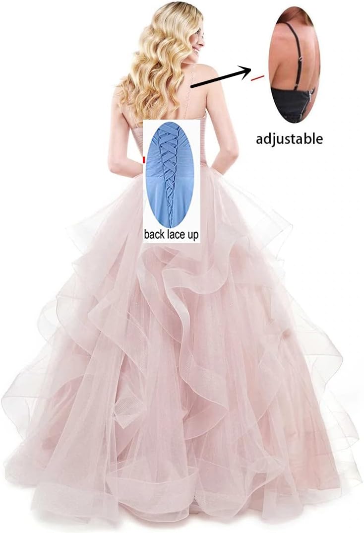 Glitter Tulle Ruffled Prom Dress Long Ball Gown for Women Formal Spaghetti Straps Formal Evening Party Gowns