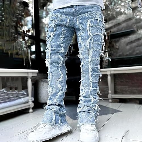 Men's Stacked Jeans Slim Fit Stretch Distressed Patchwork Frayed Straight Leg Skinny Denim Pants2