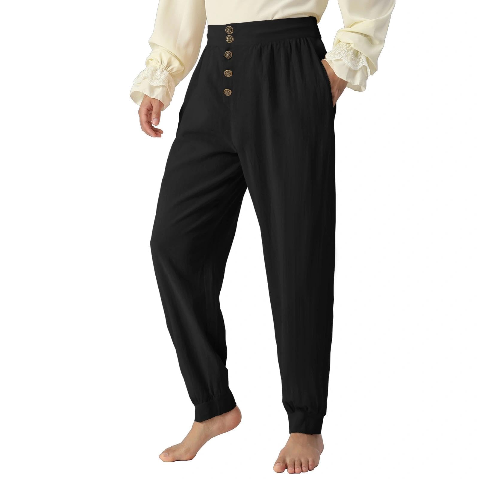 JIEFULL Pirate Pants Mens Renaissance Medieval Pant Ren Faire Viking Trousers with Retro Buttons, Black, L