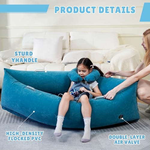Image of Bmag Sensory Chair for Kids, Inflatable Peapod Canoe with Neck Pillow, 60 inch Sensory Pod Seating ADHD Toy Gift for Autistic Children, Includes Electric Air Pump, Blue