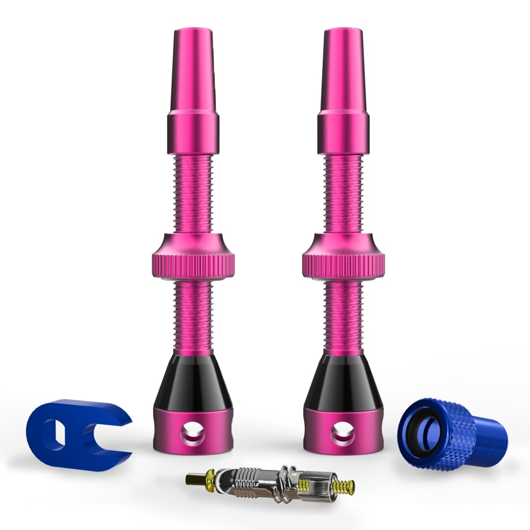 Shredr. Tubeless Valve Set | Presta Valves for Tubeless Tyres | Super Light Aluminium Colourful Anodised French Valve | Includes Valve Adapter, Replacement Valve and Tool (Pink, 44 mm)