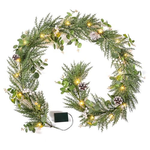 Flopttsun 6FT Christmas Garlands with 20 LED Lights,Prelit Articial Spruce Garland with Eucalyptus Berry Pinecone,Battery Operated for Stair Winter Indoor Home Decor by Flopttsun - Used condition - US$9.76