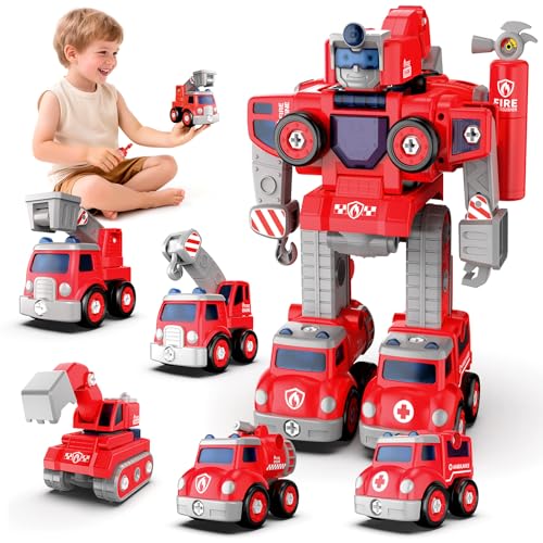 Baobrava Transformers Toys for 4 5 6 7 8 Year Old Boys, 5-in-1 Fire Truck Car Toys to Take Apart Transform to Robot, STEM Building Toys, Montessori Creative Drill Screw Set Birthday Gifts for Kids