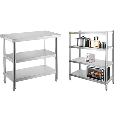 VEVOR Mesa de preparación de alimentos para exteriores, mesa comercial de acero inoxidable de 36 x 18 x 34 pulgadas, 2 mesas ajustables para