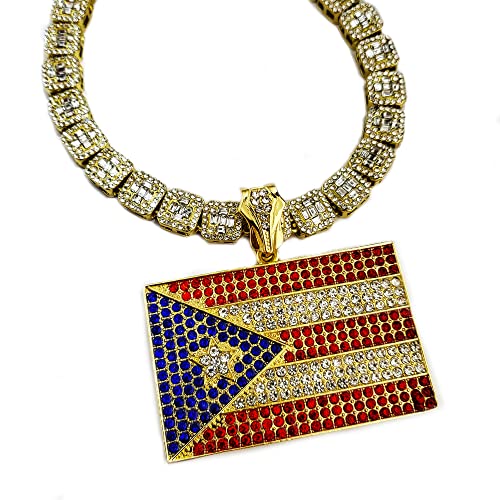 Hip Hop Jewelry Gold Plated Puerto Rico Flag Pendant & 12mm 16
