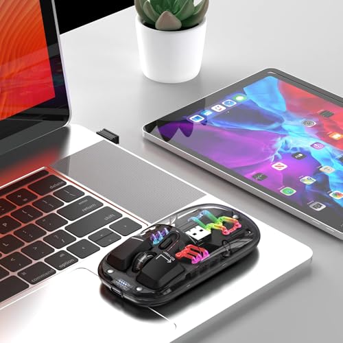 Image of Wireless Transparent Mouse Dual-Mode 2.4GHz /BT5.0 Bluetooth Metal Roller Silent Rechargeable RGB with USB Receiver Power Indicator Light Mouse for PC,Laptop,Mobile,Tablet (Black)