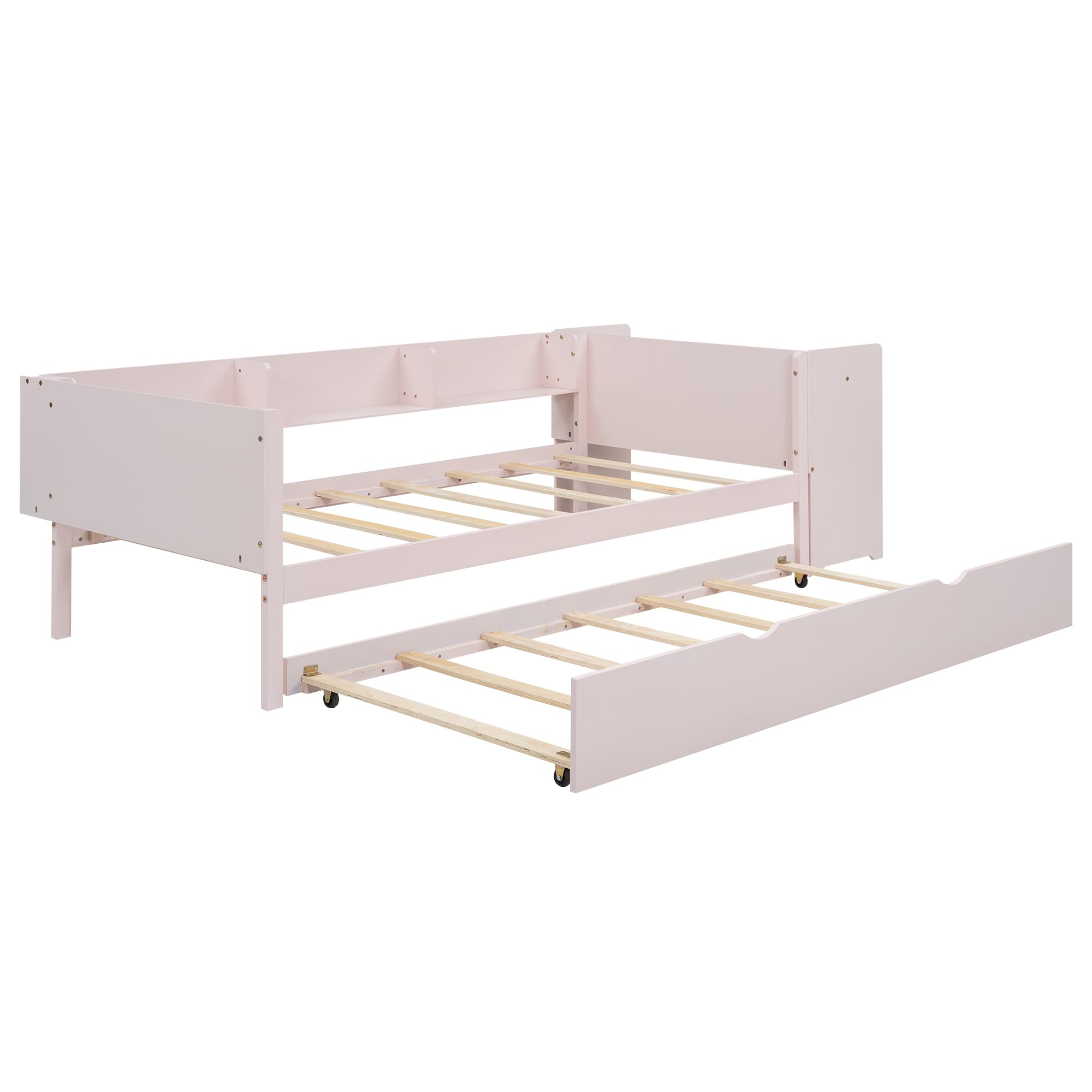 Cama individual de 90 x 200 cm, cama plana de madera, con cama extraíble, con escritorio, tres estantes en el lateral de la cama (rosa)
