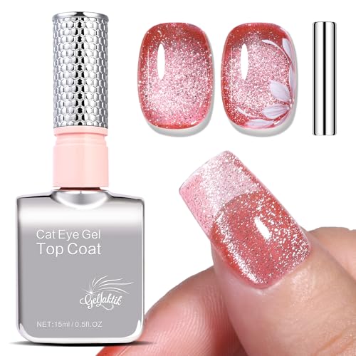 GELLAKTIK 5-in-1 Cat Eye Gel Polish 15ml No Base/Top Coat Needed All-in-One Formula, Beginner-Friendly Magnetic Nail Polish with Magnet Stick, Fast Curing for Home DIY Manicure (Crimson Glitter)