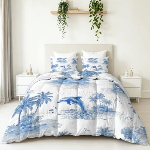 Edredón nórdico nórdico impreso 200 x 220 cm Ropa de cama para niños 4 estaciones – Palmera animal con delfín reversible – Edredón sin funda para 2 personas – Tropical Marin Edredon suave lavable de