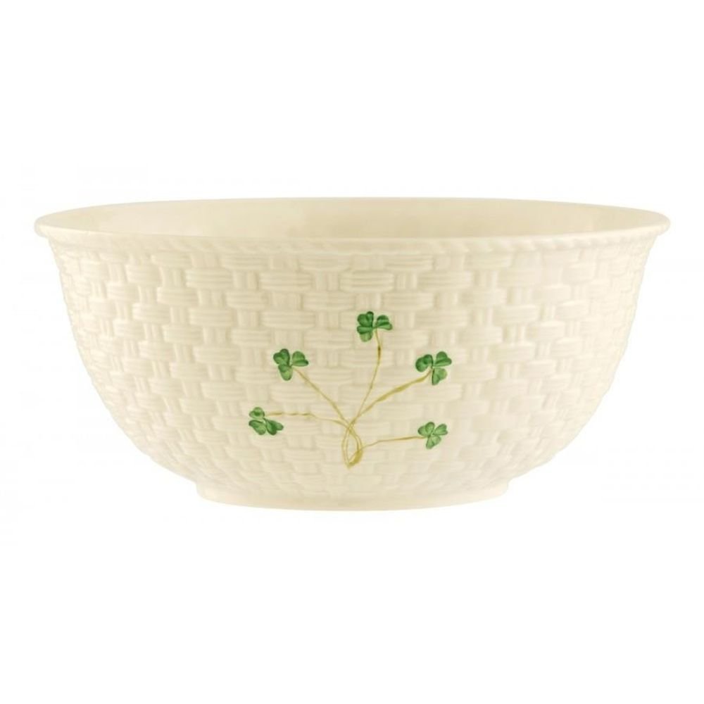 Belleek Shamrock Mixing Bowl - Handcrafted Fine Parian China Basketweave Pattern Serving Bowl - 9.5"D x 4.3"H, White