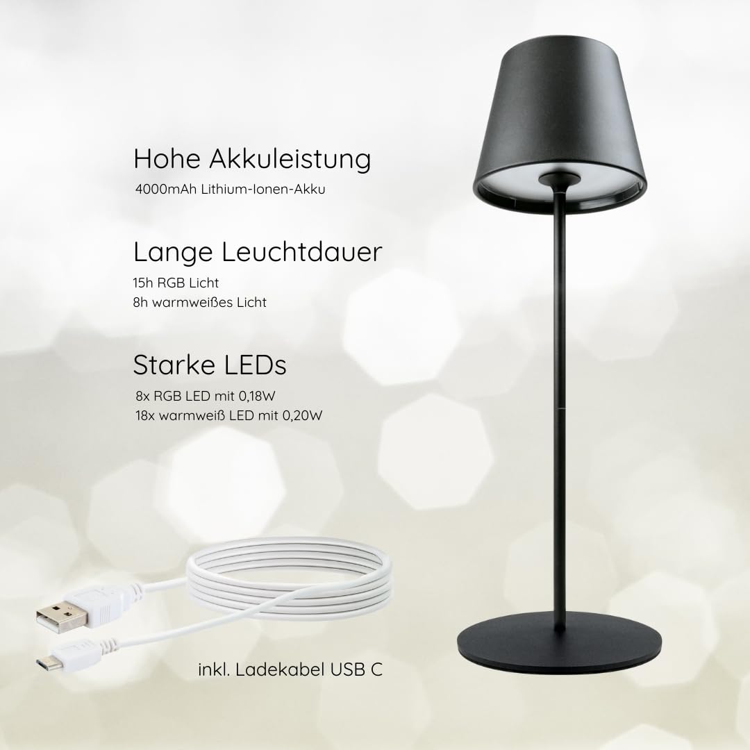 SCHWAIGER Lampada da tavolo a LED divisibile con controllo touch, lampada a batteria con RGB e bianco caldo, protezione IP44 e ricaricabile tramite USB-C, lampada senza fili per interni ed esterni