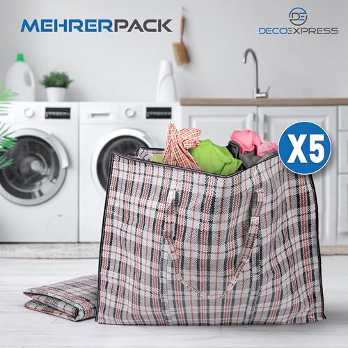 Wäschesack Groß 75L Im 5er-Set, Reißfeste Aufbewahrungstasche Mit Reißverschluss & Griffen Für Umzug, Kleidung, Bettwäsche, Reise Oder Aufbewahrung Zuhause (60 X 50 X 25 CM)