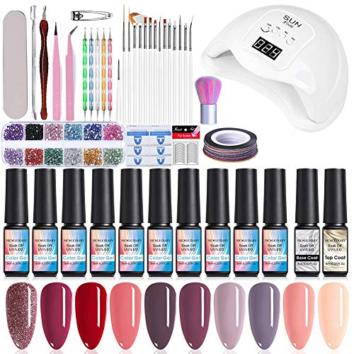 NICOLE DIARY Kit de démarrage pour vernis à ongles en gel avec lampe à ongles légère 48W UV/LED, base et top coat, outils de manucure + 10 couleurs classiques populaires Gel Polish (8ml)