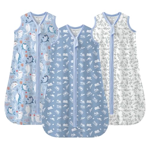 Mosebears Saco de Dormir Saco de Dormir de Verano para bebé 0.5 Saco de Dormir de bebé TOG Saco de Dormir de bebé Transpirable 100% algodón 3 Paquetes(Azul, S (0-6 Meses))