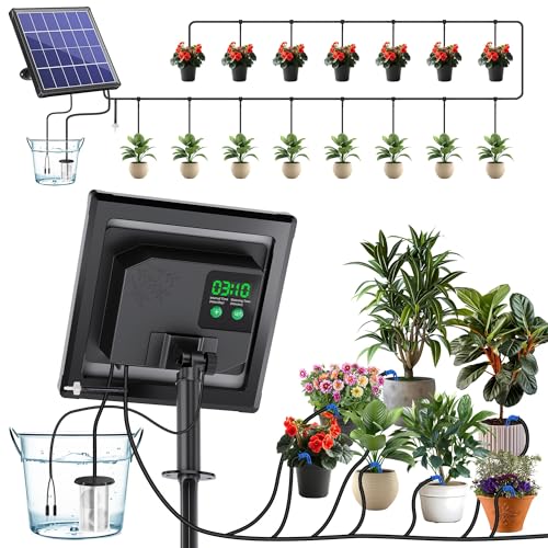 Biling Système d'irrigation solaire, 15 m d'irrigation goutte à goutte automatique avec minuterie, panneau solaire de 2,5 W, pour 12 à 20 pots, jardin,...