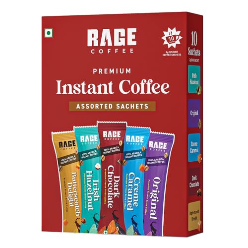 Rage Coffee Instant Freeze Dried Coffee Sachets (Pack of 10) - 5 Flavours (Irish Hazelnut, Cream Caramel, Dark Chocolate, Original, Butterscotch Delight) - 2g Single-Serve Arabica Coffee Sachets | Quick Hot & Cold Brew
