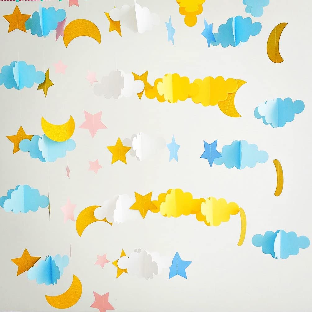 Happy Space (6.5ft x 2pcs) 3D Cloud Moon Star Glitter Banner, Paper Handmade Decoration for Nursery Decor/Baby Shower/Welcome Baby/Theme Parties/Birthday Decoration Pack of 2 (White Yellow + Blue)-image-36