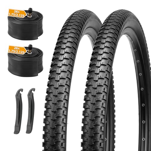 MOHEGIA 26x2.1 MTB Tire and Tube Set 2 Pack Folding Tires with 2 Schrader Inner Tubes & Tire Levers Durable Off-Road Trail Mountain Bicycle Tires