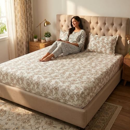 Image of Mafatlal 186 TC Grace Pure Cotton Double Size Bedsheet | 90 x 100 Inch | Soft Breathable Cotton Bed Sheet Set with 2 Pillow Covers | Honey Gold