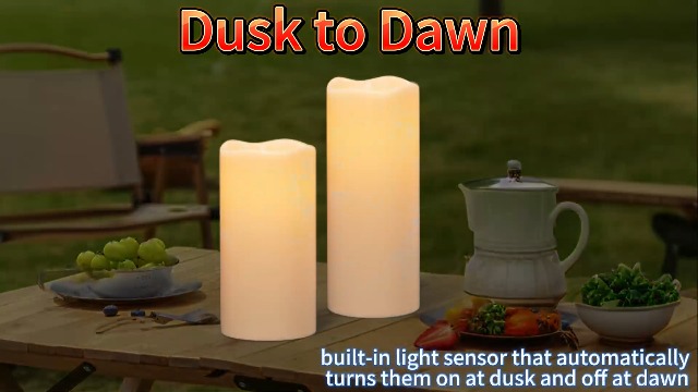 Image of GenSwin Solar Outdoor Waterproof Flameless Candles, 4 inchx8 inch10 inch Large Solar Rechargeable Pillar Candles, Sensor for Dusk to Dawn, for Outdoor, Lanterns, Pation, Home Decor(Set of 2)