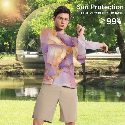 Marble Rose Gold Purple Men's Rash Guard Loose Crew Neck Elasticity Long Sleeve Sun Protection UPF 50+ Water Fishing4