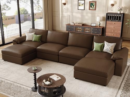 Image of EASE MOOSE Oversized Modular Sectional Sofa,Leather Sectional Couch with Deep Seat, Classic Extra Large U Shaped Couch,Faux Leather Material Sofa Comfy Scratch Resistant for Living Room,Deep Brown