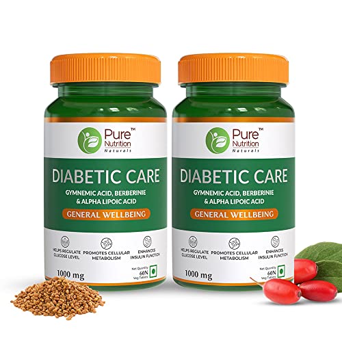Image of Pure Nutrition Diabetic Care Supplement - 120 Veg Capsules (60 x 2) with Gymnemic Acid, Berberine, ALA, Jambu Beej, Karela & Fenugreek Extracts | Supports Blood Sugar Balance, Cellular Metabolism & Insulin Function