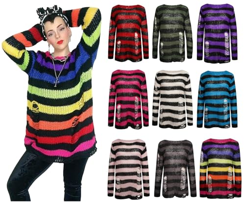 Image of Ro Rox Gothic Knitted Jumper with Distressed Look - Oversized Pullover Ripped Design, Loose Fit, 90s Grunge Stripe Pattern