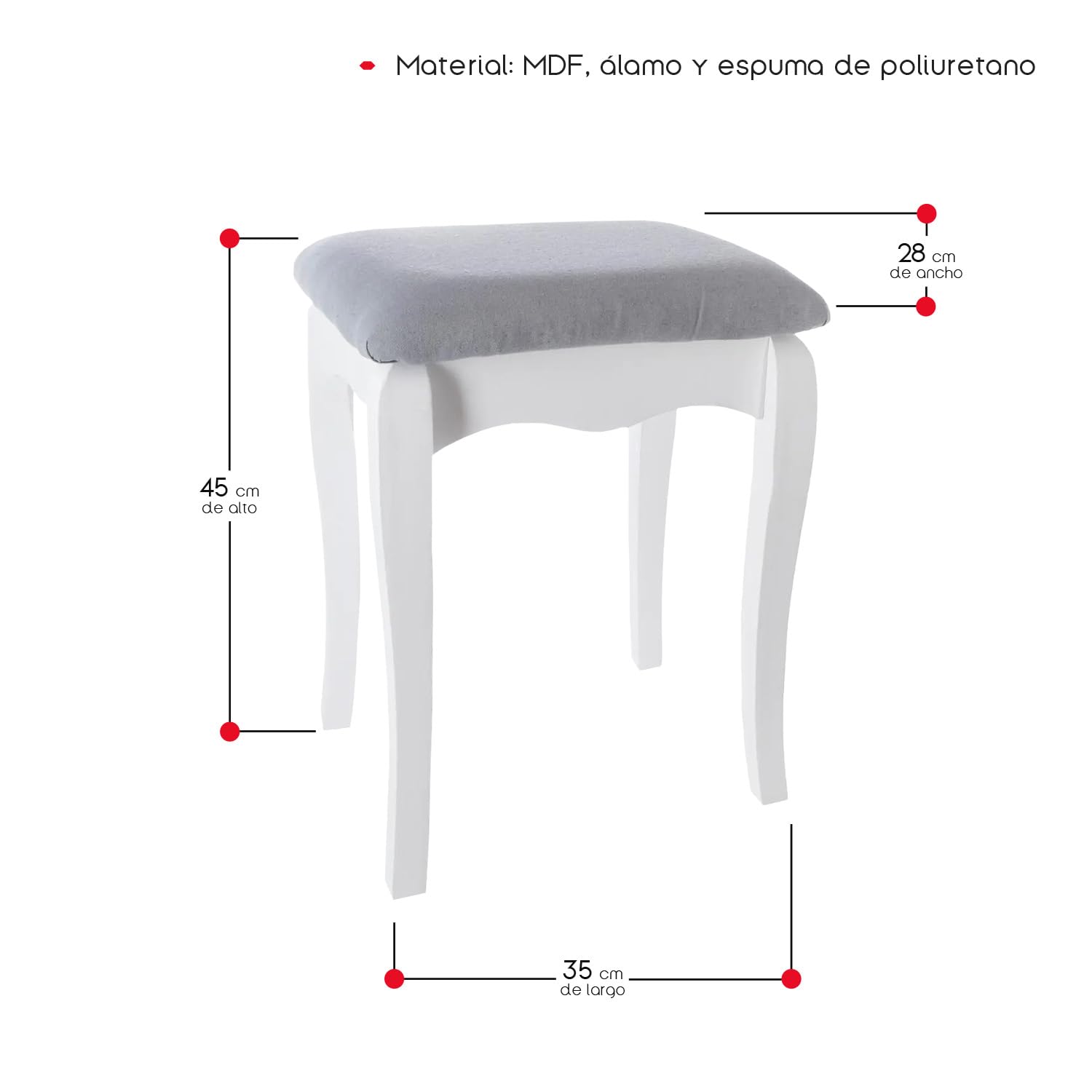 TIENDA EURASIA – Taburete Auxiliar Aurell | Color Gris y Blanco | Medidas: 35x28x45 cm | Taburetes Bajos | Espuma de Poliuretano, Poliéster, Álamo y Panel de Fibra de Madera | Taburete Tocador