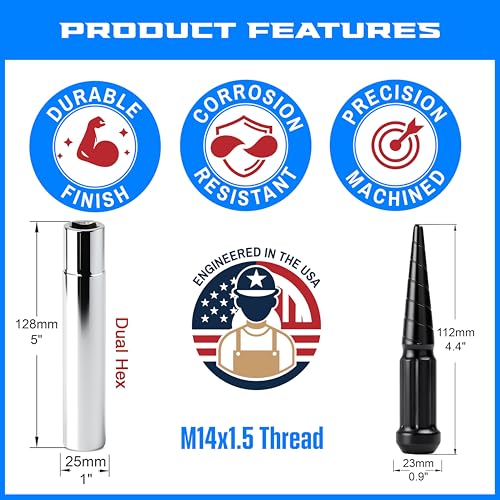 Image of 24 Pc Solid Spline Spike Lug Nuts Kit 14x1.5 Black for 6x5.5 Chevy GMC Silverado Suburban 1500 Dodge Ram 1500 2019+