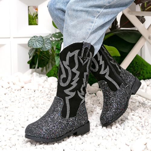 Girls Winter Glitter Sequin Cowboy Cowgirl Western Boots Warm Fur Mid Calf Riding Shoes2