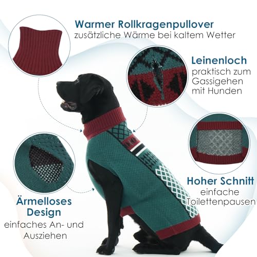 Katzinst Rollkragen Hundepullover - Pullover Hunde mit Leinenloch | Leicht und Warm Hundepulli für Große Hunde, Ärmelloser Winter Hundekleidung, Grün, 3XL