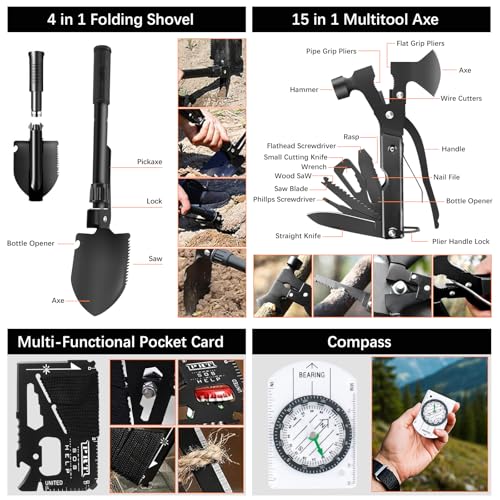 71 in 1 Außen Notfall Survival Kit mit Erste Hilfe Set,Survival Ausrüstung mit Erste Hilfe Set,Multi-Tool Axt,Klappspaten,Rettungsdecke Kompass,Geschenke für Männer Camping/Abenteuer/Wandern im Freien – Bild 3