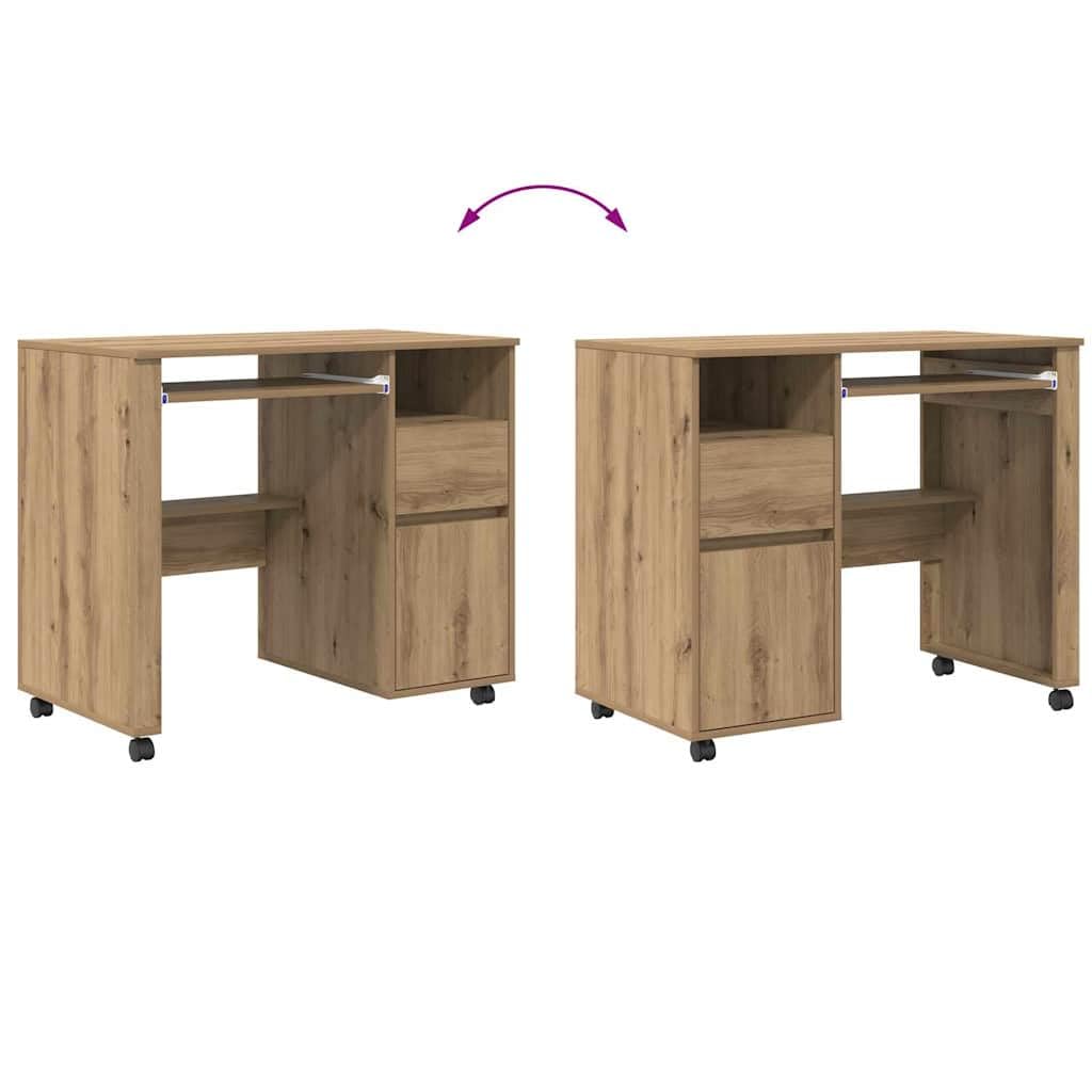 Schreibtisch mit Rollen Artisan-Eiche 91 x 50 x 77 cm Holzwerkstoff mit Schublade, Regal, Ablage und Stauraum für Homeoffice, Büro, Arbeitszimmer, PC, Laptop, Monitor, Gaming, Lernen