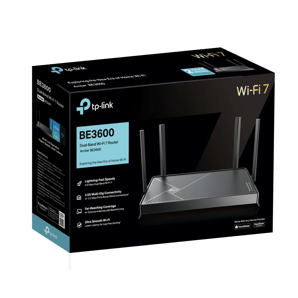 TP-Link Archer BE3600 – Router Wi-Fi 7 BE z portem 2.5G i MLO, Dwupasmowy 3600 Mb/s, MU-MIMO, OFDMA, EasyMesh, VPN – Superszybka sieć domowa do streamingu, gier i urządzeń smart