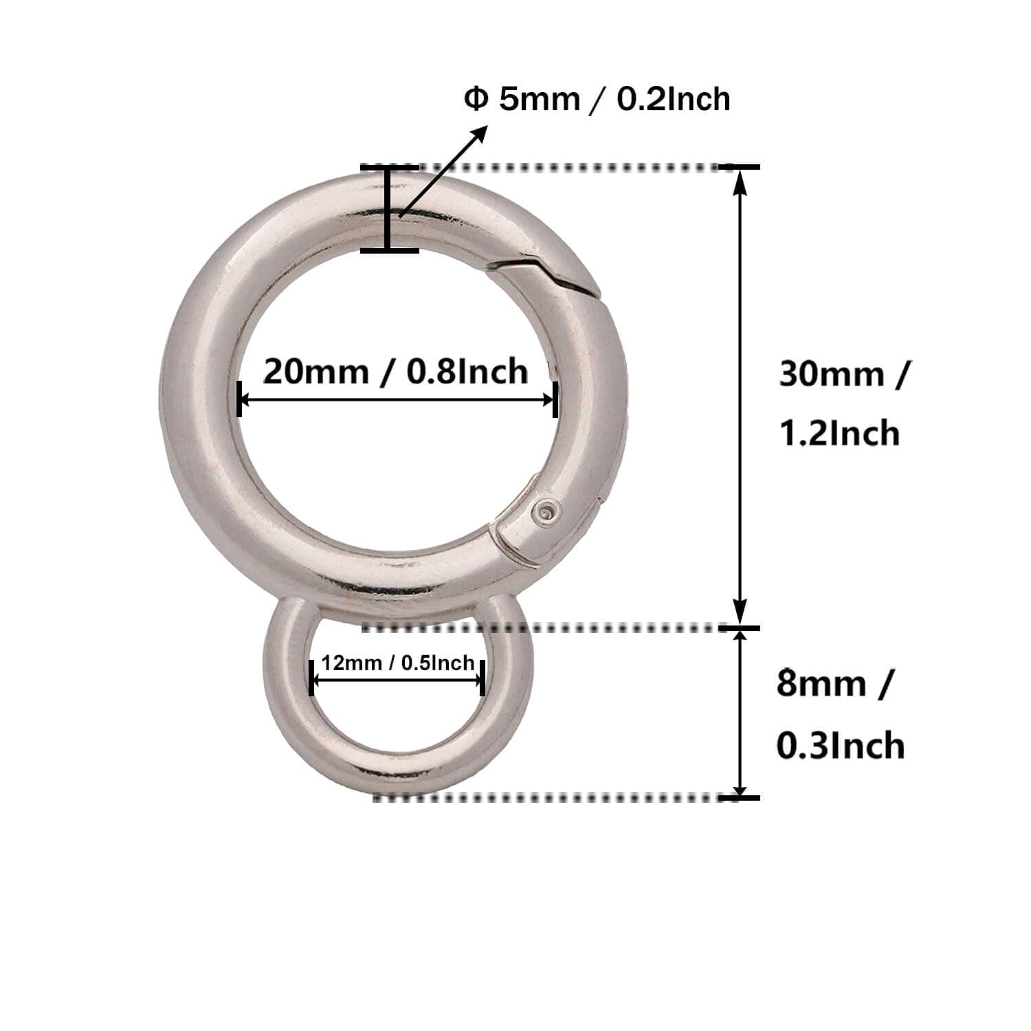 BIKICOCO Spring Gate Ring with Loop O-Ring Clasp Push Gate Snap Hook Bag Clasp Spring Buckle, Silver - 10 Pcs - Image 2
