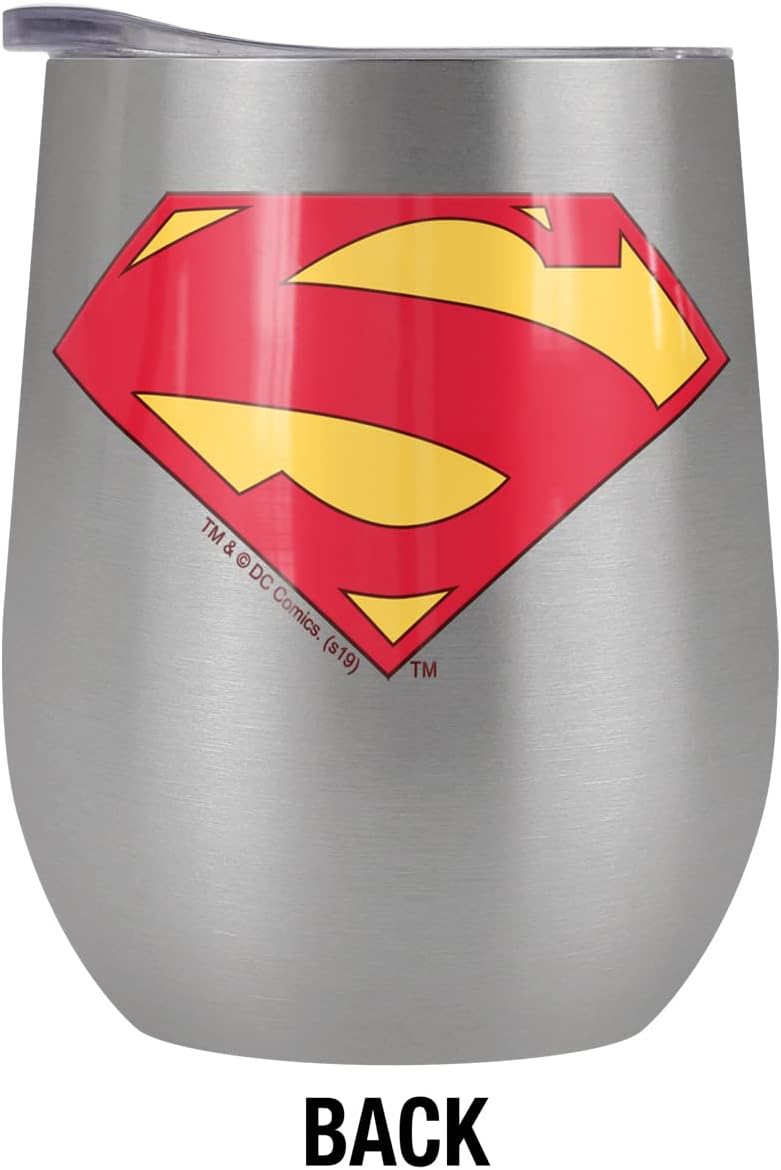 Superman OFFICIAL Superman New 52 Shield Logo Pattern 12 OZ Stemless Wine Tumbler, Stainless Steel Travel Cup|Lake Tumbler|Insulated with Leak Resistant Slide-Lock Lid, Stainless Steel