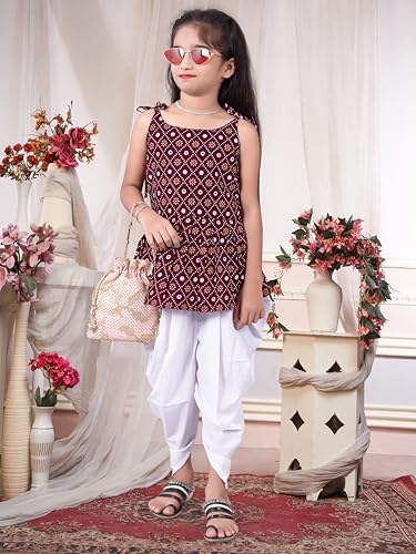Image of Girls Ethnic Printed Peplum Top and White Dhoti Pant Set | Stylish Sleeveless Kurti with Comfortable Bottom | Traditional Festive Outfit for Kids
