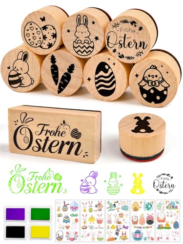 Ostergeschenke Kinder mit 9 verschiedenen Stempel Ostern, 4 bunten Stempelkissen & 5 Ostertattoos Kinder, Stempel Frohe Ostern für Osterkarte Scrapbooking Bullet Journal Osterbasteln mit Kindern