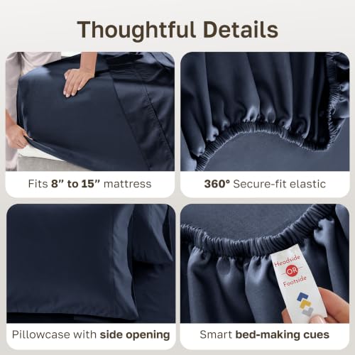 Image of California Design Den XL Twin Bed Sheets Set - Luxury 600 Thread Count, 100% Cotton Sateen, Twin XL Cotton Sheets, Deep Pockets, Soft and Durable Bedding - Midnight Blue