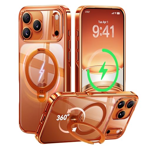 【透き通る上質感・定点360°回転】CASEKOO iPhone 17 Pro 用ケース クリア 耐黄変 横縦両立 角度自在 MagSafe対応 米軍規格保護 耐衝撃 高耐久性 超強磁力 最大25W急速充電対応 感 フィット感 ラップホール付き 透明 いphone17pro 用ケース 6.3インチ「MagicStand Pro Kori」(オレンジ)