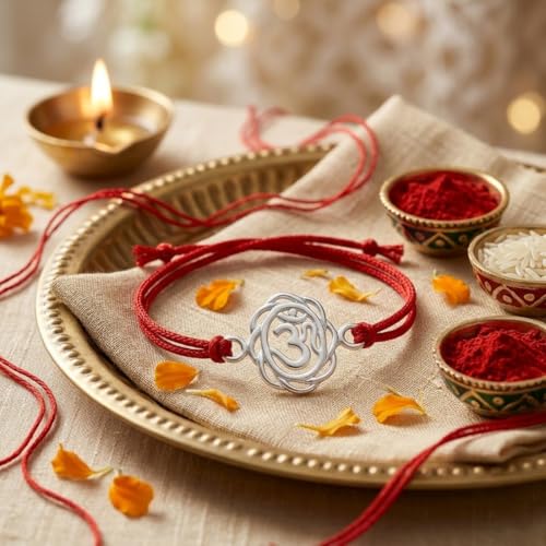 Image of Parnika 925 Pure 92.5 Sterling Silver Om Trishul Tripund Rakhi Bracelet for Brother | Hallmarked Silver Rakhi for Bhai & Bhaiya | Raksha Bandhan Gift with Roli Chawal | Premium Thread Rakhi