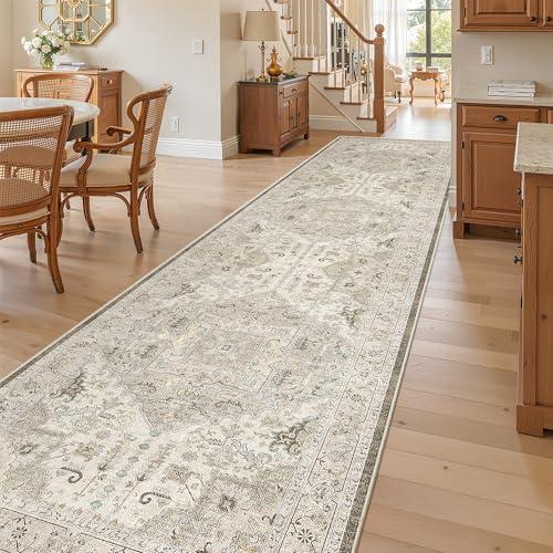 Madane Hallway Runner Rug 3x12 Washable Kitchen Runners 12ft, Ivory/Brown