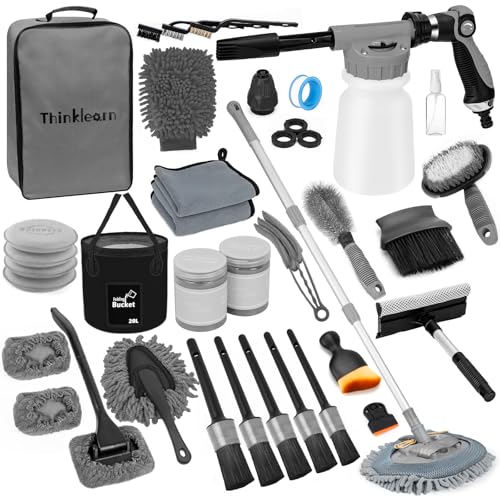 ThinkLearn Car Wash Detailing Kit with Foam Gun, Car Cleaning Kit Set,Car Wash Brush with Long Handle, Large Folding Bucket for Interior Exterior Car Wash Supplies, Car Gift Set Gray