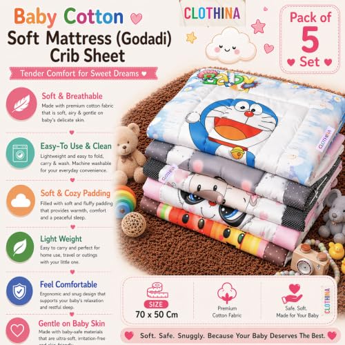 Image of FRIDO New Born Baby Godadi Pack of 5 Combo Set Soft Cotton Baby godi| Godari | Baby Bed | Crib Sheet | Cartoon Mat Godadi | Bedding Set | Multicolor(Set of 5) (Blue-1)