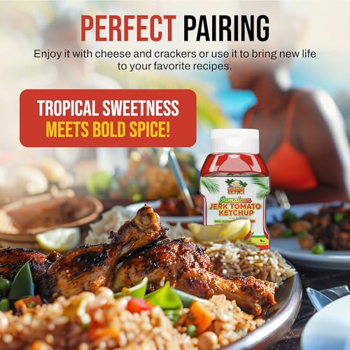 Image of Montego Island Foods Jamaican Jerk Tomato Ketchup - Thick & Rich Premium Ketchup with Scotch Bonnet Peppers, Allspice & Bold Caribbean Spices - All-Natural, Gluten-Free, Vegan - 12 oz Squeeze Bottle