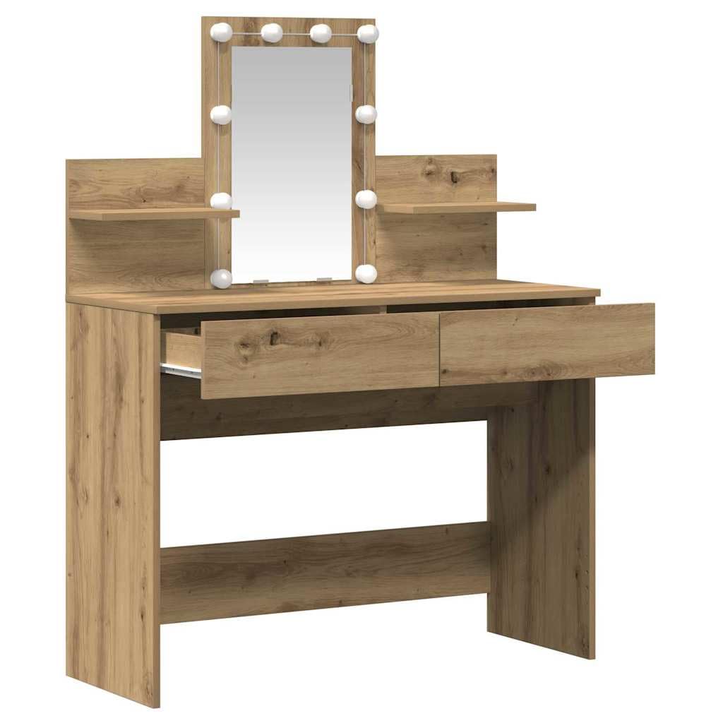 Toaletka Artisan dąb drewnopochodny, 100 x 40 x 130 cm, z oświetleniem LED, przestronne miejsce do przechowywania, 2 szuflady, 2 półki do sypialni, organizer na stół do makijażu