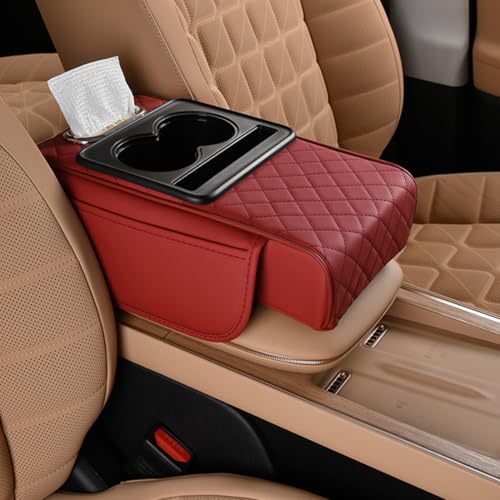 Image of Car Armrest Cushion,5-in-1 Center Console Cover with 2 Storage Bags Cup Holder, Tissue Box Slot, Phone Slot for Sedans, Car Accessories Interior Organizers (Claret)