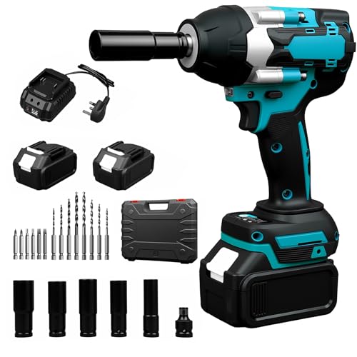 WUDLEP Pistola de impacto inalámbrica de 800 N.m de 1/2 pulgada, llave de torsión alta sin escobillas de 680 pies-libras de 21 V con 2 baterías de 4.0 Ah, 6 enchufes y cargador rápido, destornillador