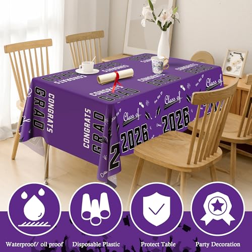 Image of OHOME Graduation Decorations Class of 2026 2027- Graduation Party Decorations 2026 - Disposable Plastic Purple Tablecloth Banner for Class of 2026 Decorations Party Favors Supplies,54 inch X 108 inch,2Pcs